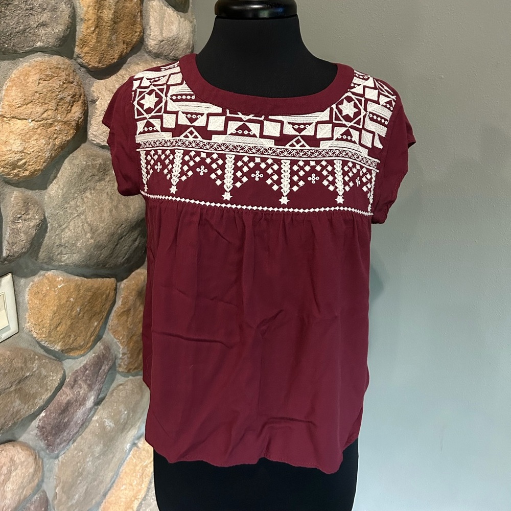 Love Fire Maroon Top with Decorative Stitching. Size Medium